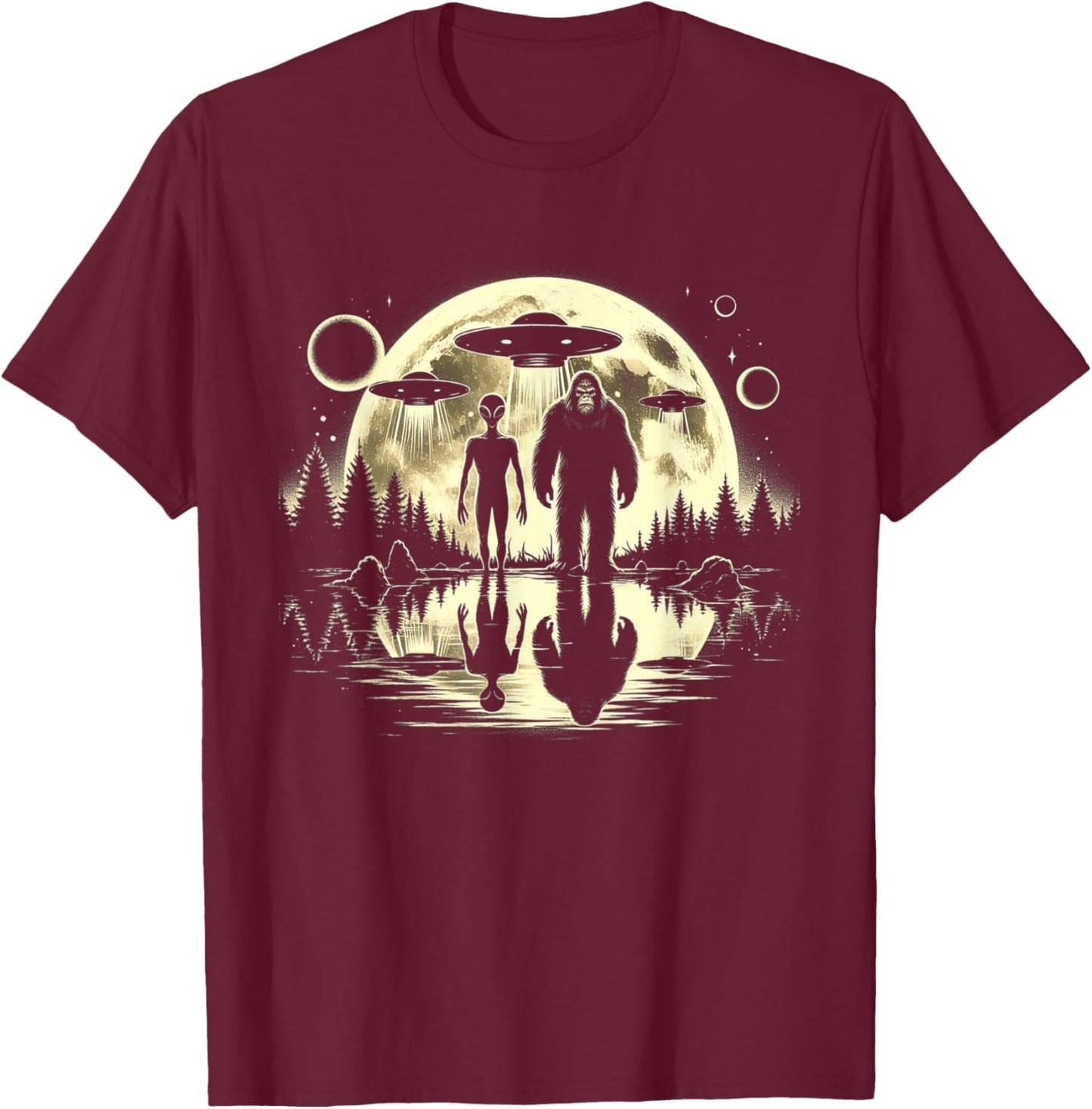 Bigfoot and Alien Moon UFO Extraterrestrial Sasquatch Gifts T-Shirt - T-Shirt | Maroon