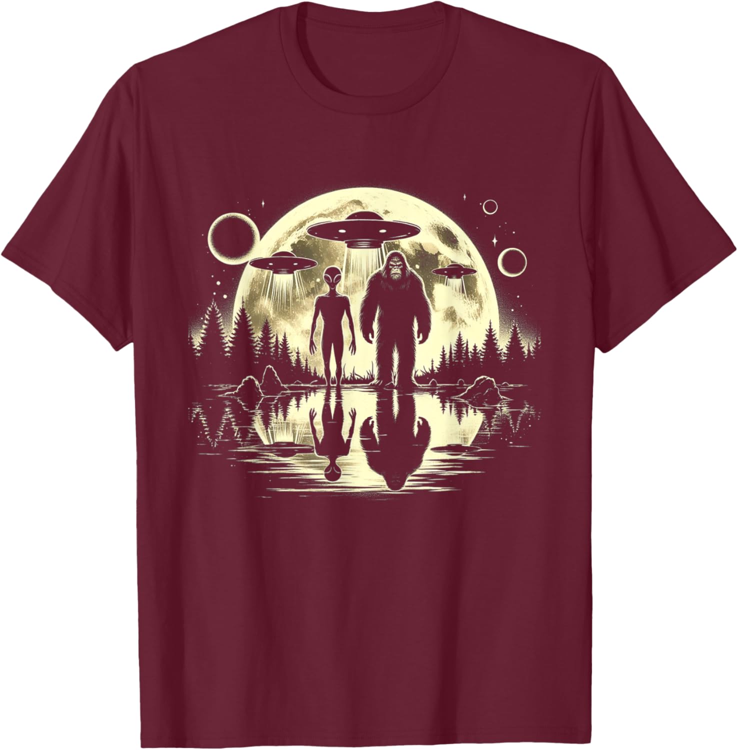 Bigfoot and Alien Moon UFO Extraterrestrial Sasquatch Gifts T-Shirt - T-Shirt | Maroon