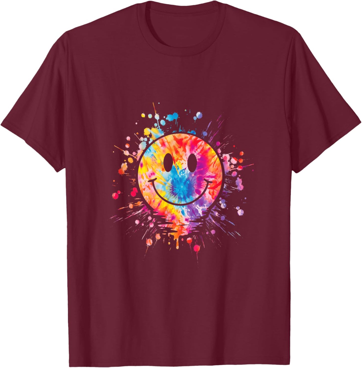 Retro Happy Face Rainbow Tie Dye Splatter 70s Peace Smile , Black, S T-Shirt - T-Shirt | Maroon