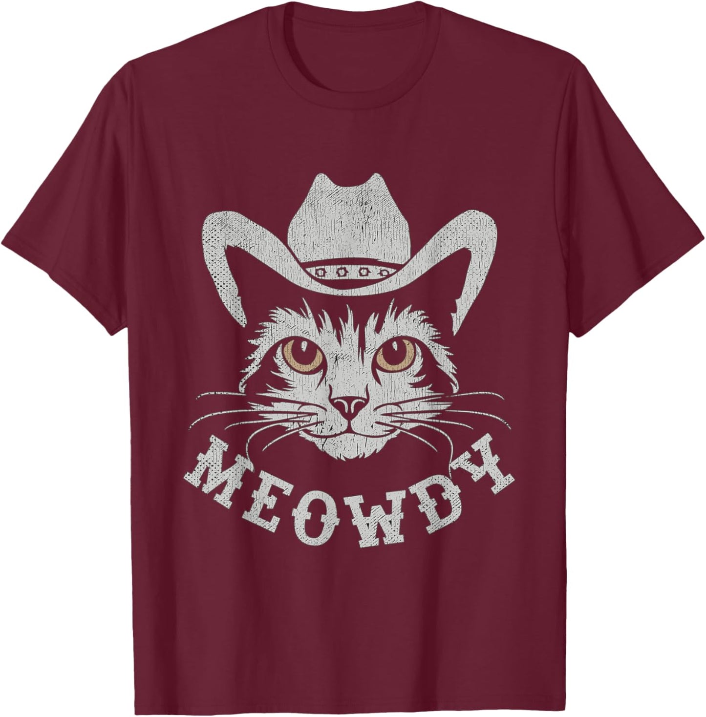 Retro Cowboy Hat Farmer Gifts For Cowgirls Cowboys Meowdy Cat Horse Rider Men Women Kids T-Shirt - T-Shirt | Maroon