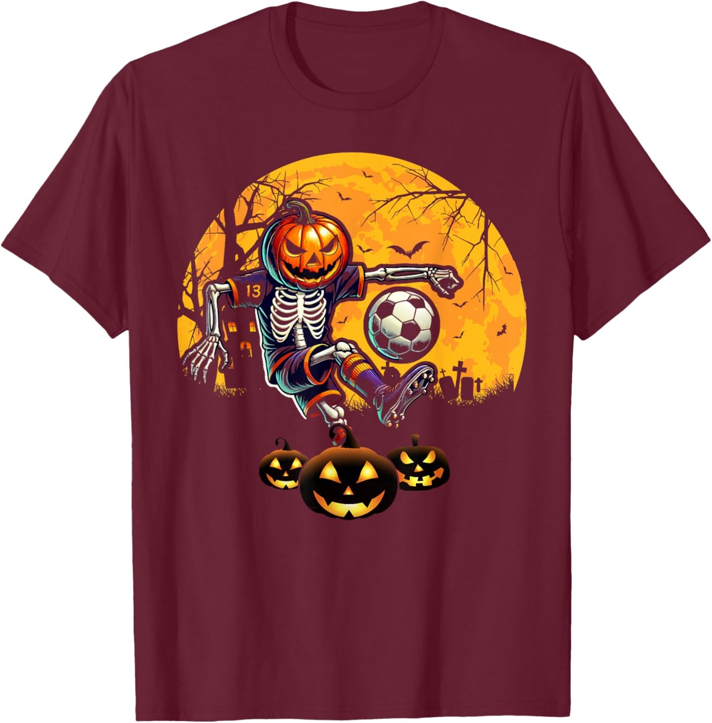 Halloween Skeleton Soccer Football Costume Boy Kids Men Teen T-Shirt - T-Shirt | Maroon