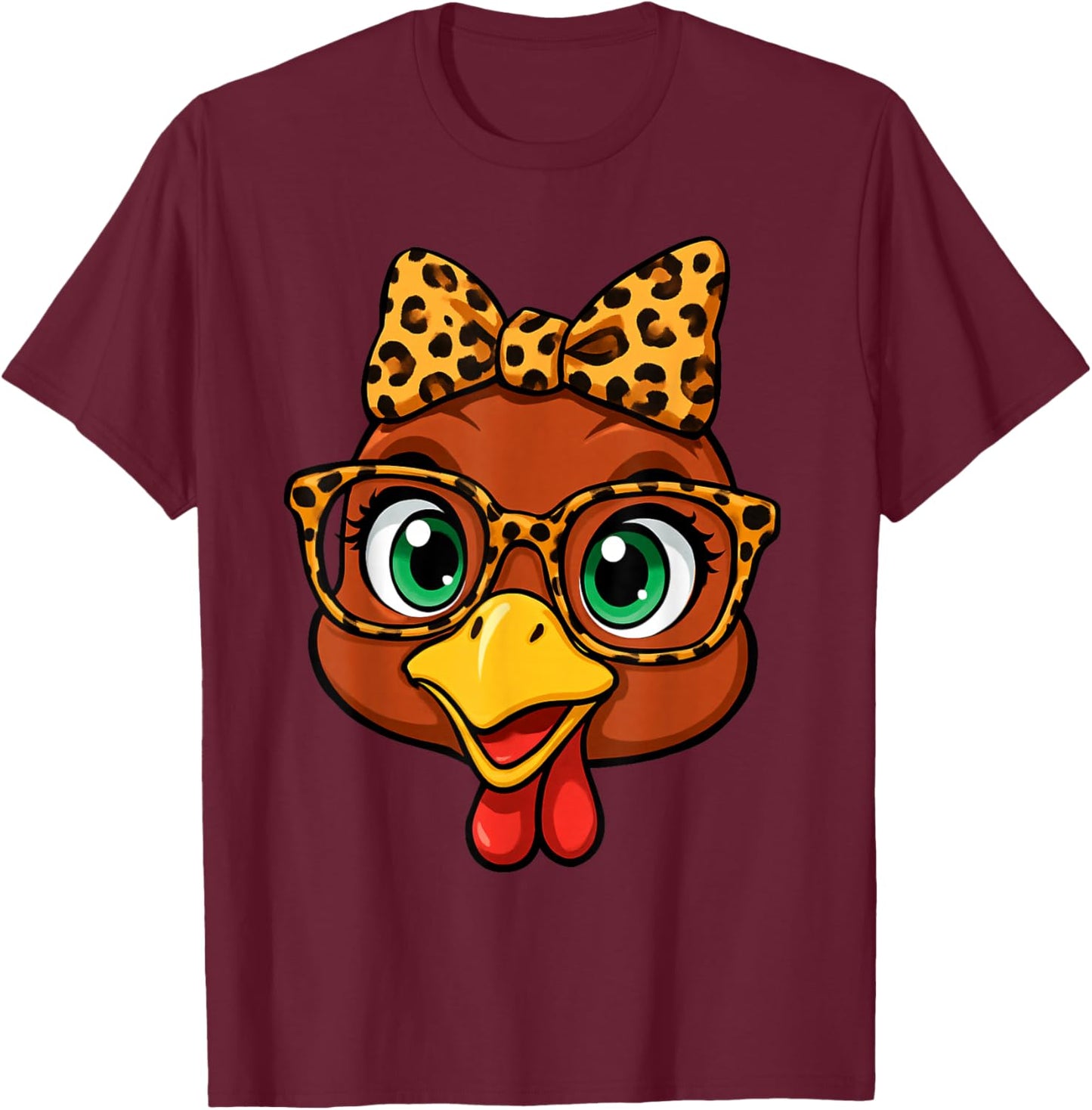 Thanksgiving Turkey Face Leopard with Glasses Bow Women Girl T-Shirt - T-Shirt | Maroon