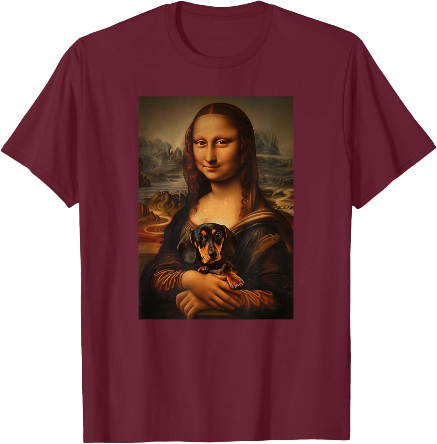 Dachshund Doxie Mona Lisa Painting Art Dog Mom Dad T-Shirt - T-Shirt | Maroon