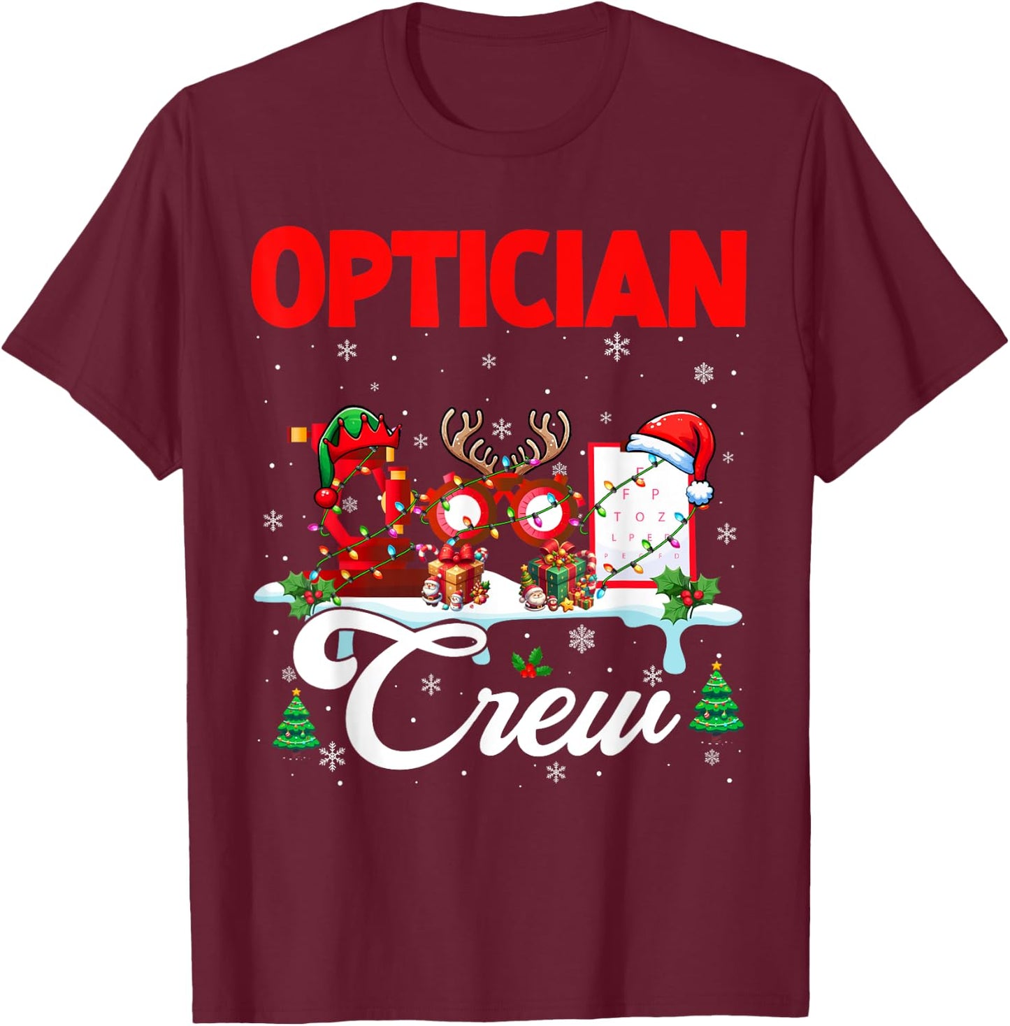 Optician Crew Christmas Santa Reindeer Elf Tools Job Team T-Shirt - T-Shirt | Maroon