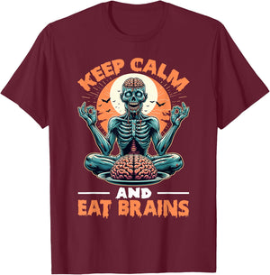 Keep Calm and Eat Brains Zombie Meditation T-Shirt - T-Shirt | Maroon