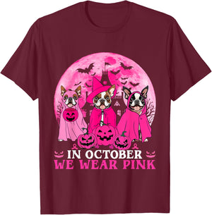 Ghost And Witch Boston Terrier Dog In October We Wear Pink T-Shirt - T-Shirt | Maroon