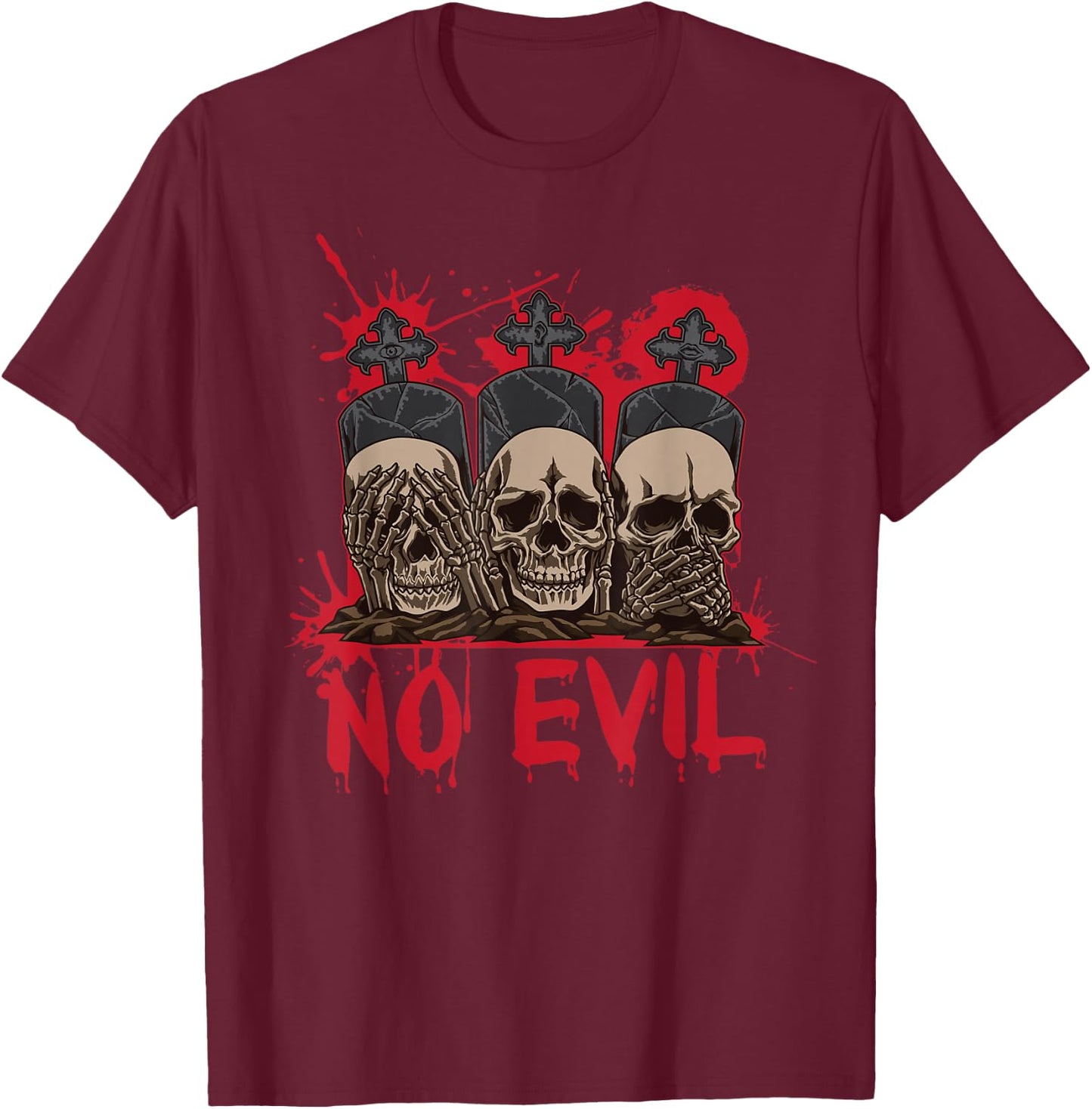See Speak Hear No Evil Skulls Halloween Bloody Damage T-Shirt - T-Shirt | Maroon