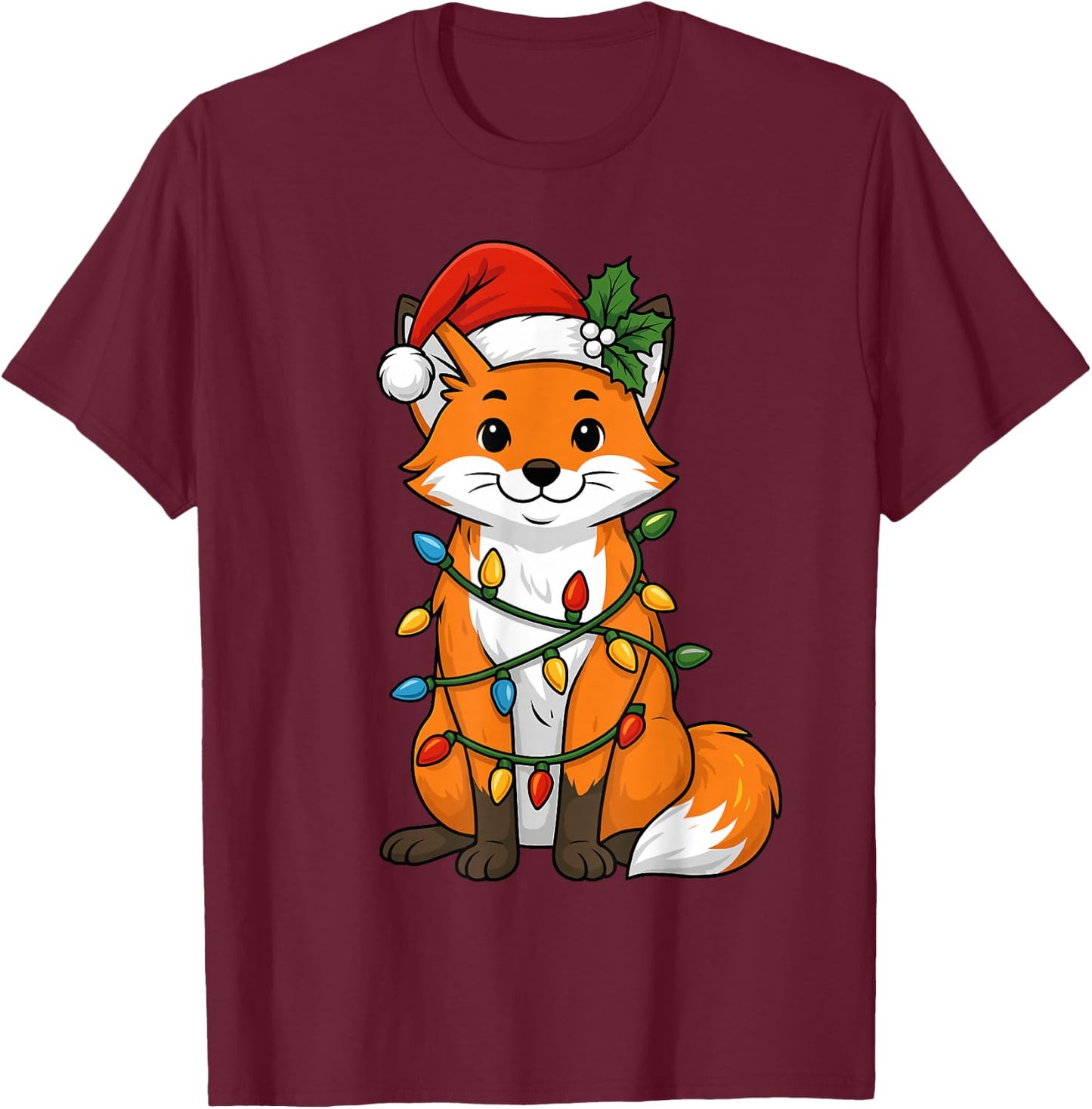 Fox Christmas Tree Lights Pajamas Girls Boys Xmas T-Shirt - T-Shirt | Maroon