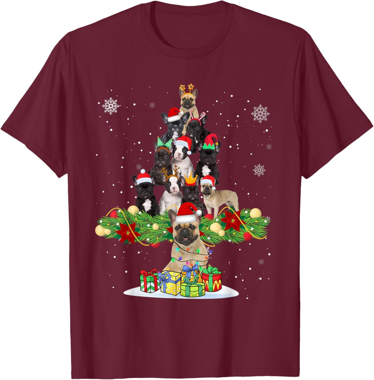 Ugly Sweater Christmas Tree French Bulldog Dog Xmas Lights Men Women Kids T-Shirt - T-Shirt | Maroon