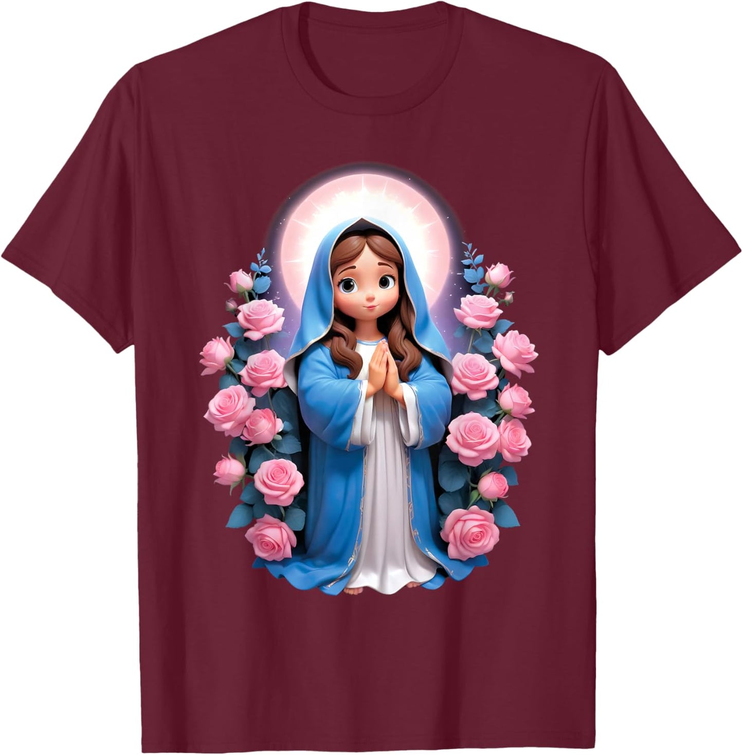 Blessed Mother Mary Mother of Jesus Roses Our Lady Catholic T-Shirt - T-Shirt | Maroon
