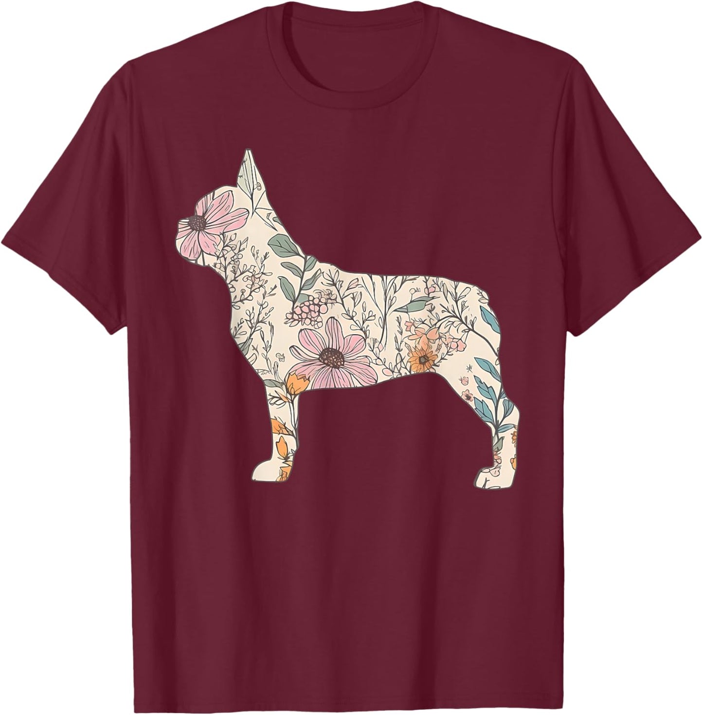 Floral French Dog Silhouette Dog Pet French Bulldog Flower Women T-Shirt - T-Shirt | Maroon