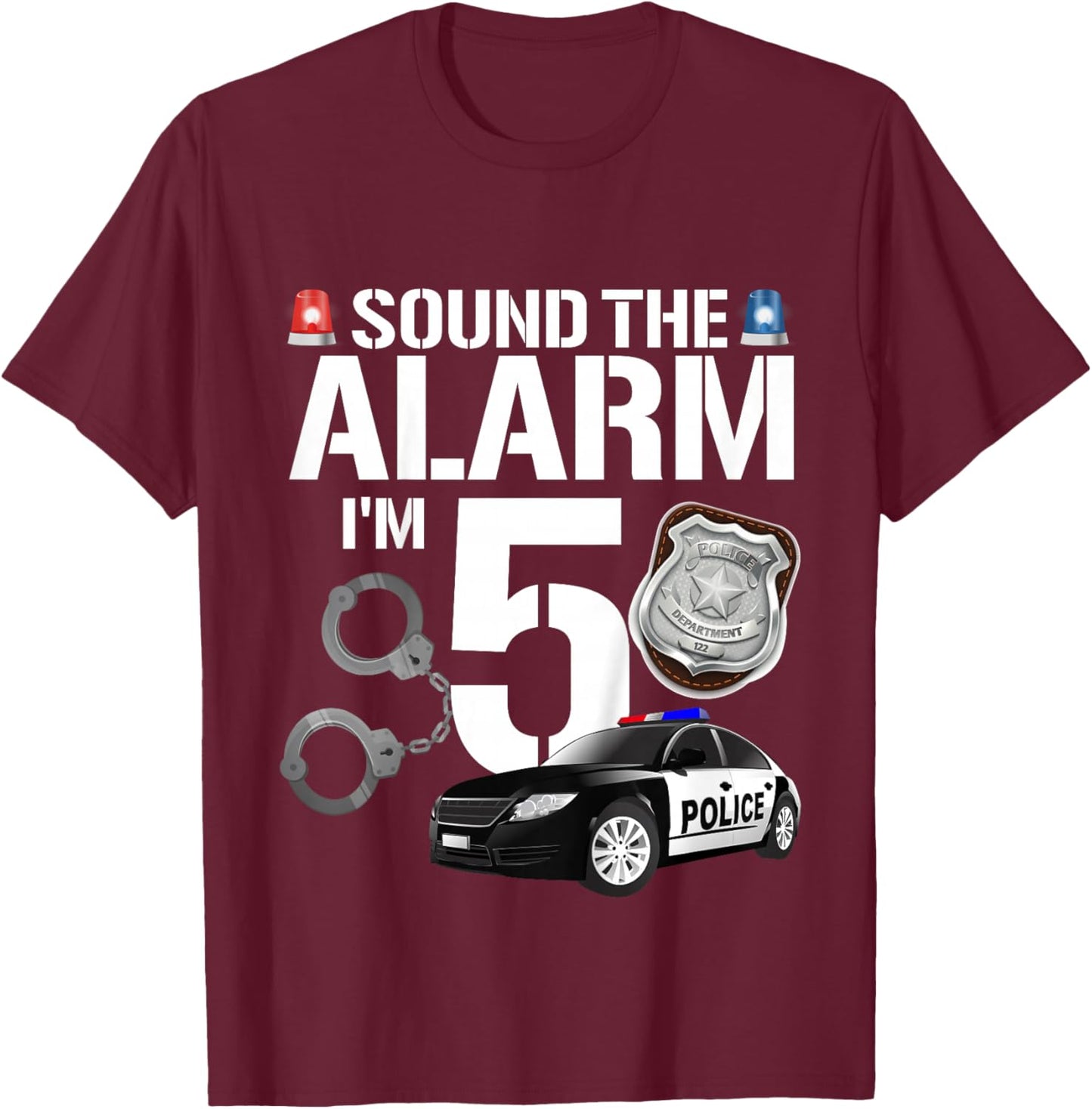 Kids 5 Year Old Police Birthday Officer Cop Car 5th Gift Boy T-Shirt - T-Shirt | Maroon