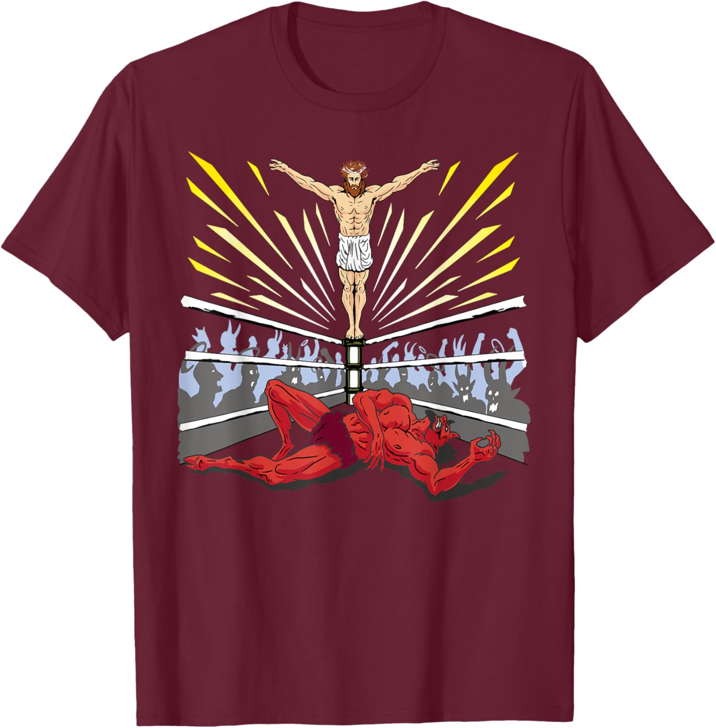 Wrestling Costume Jesus Devil Comic Outfit Christian Graphic T-Shirt - T-Shirt | Maroon