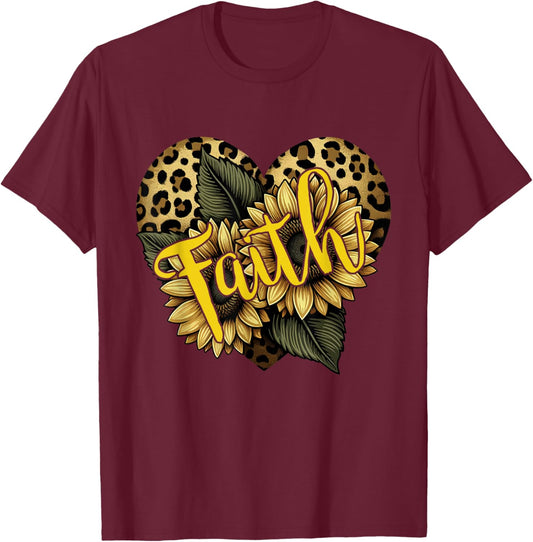 Faith Leopard Cheetah Print Heart Sunflower Christian Faith T-Shirt - T-Shirt | Maroon