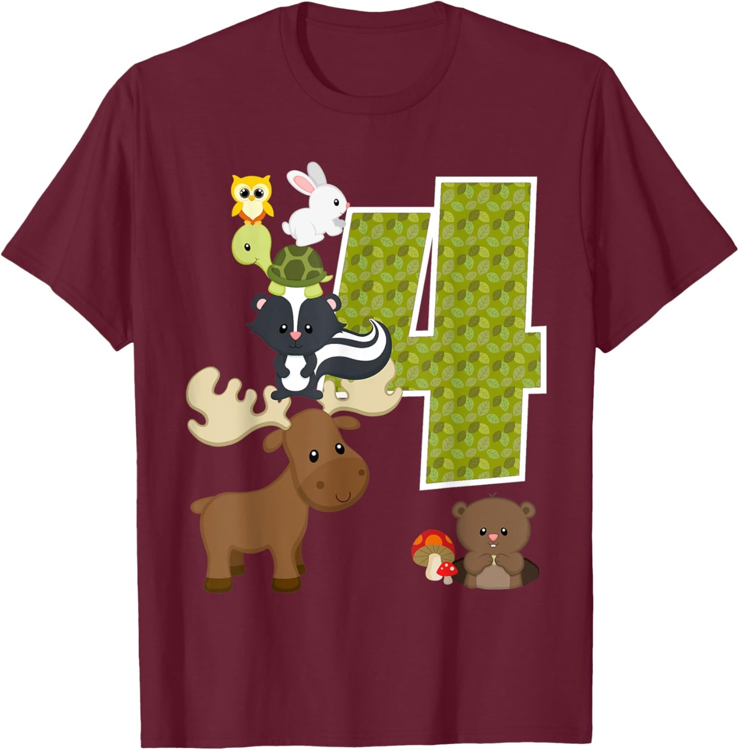 Forest Woodland Animals 4th birthday Party 4 Year Old T-Shirt - T-Shirt | Maroon