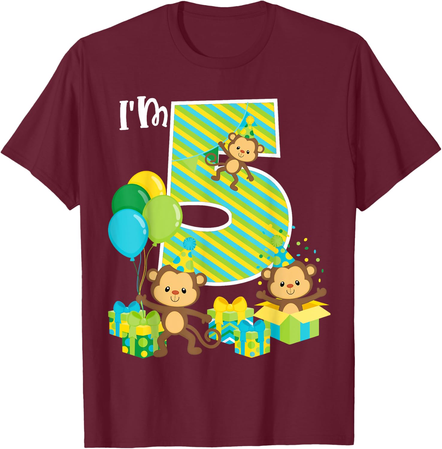 Birthday Monkey 5th Birthday Party Five Year Old Kid Toddler T-Shirt - T-Shirt | Maroon
