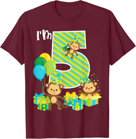 Birthday Monkey 5th Birthday Party Five Year Old Kid Toddler T-Shirt - T-Shirt | Maroon
