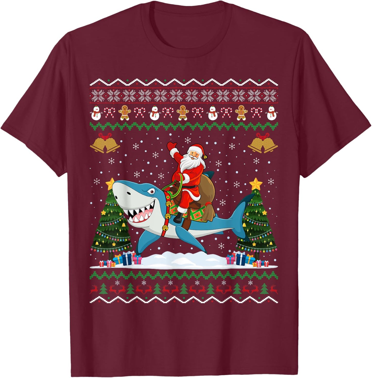Shark Ugly Xmas Gift Santa Riding Shark Christmas T-Shirt - T-Shirt | Maroon