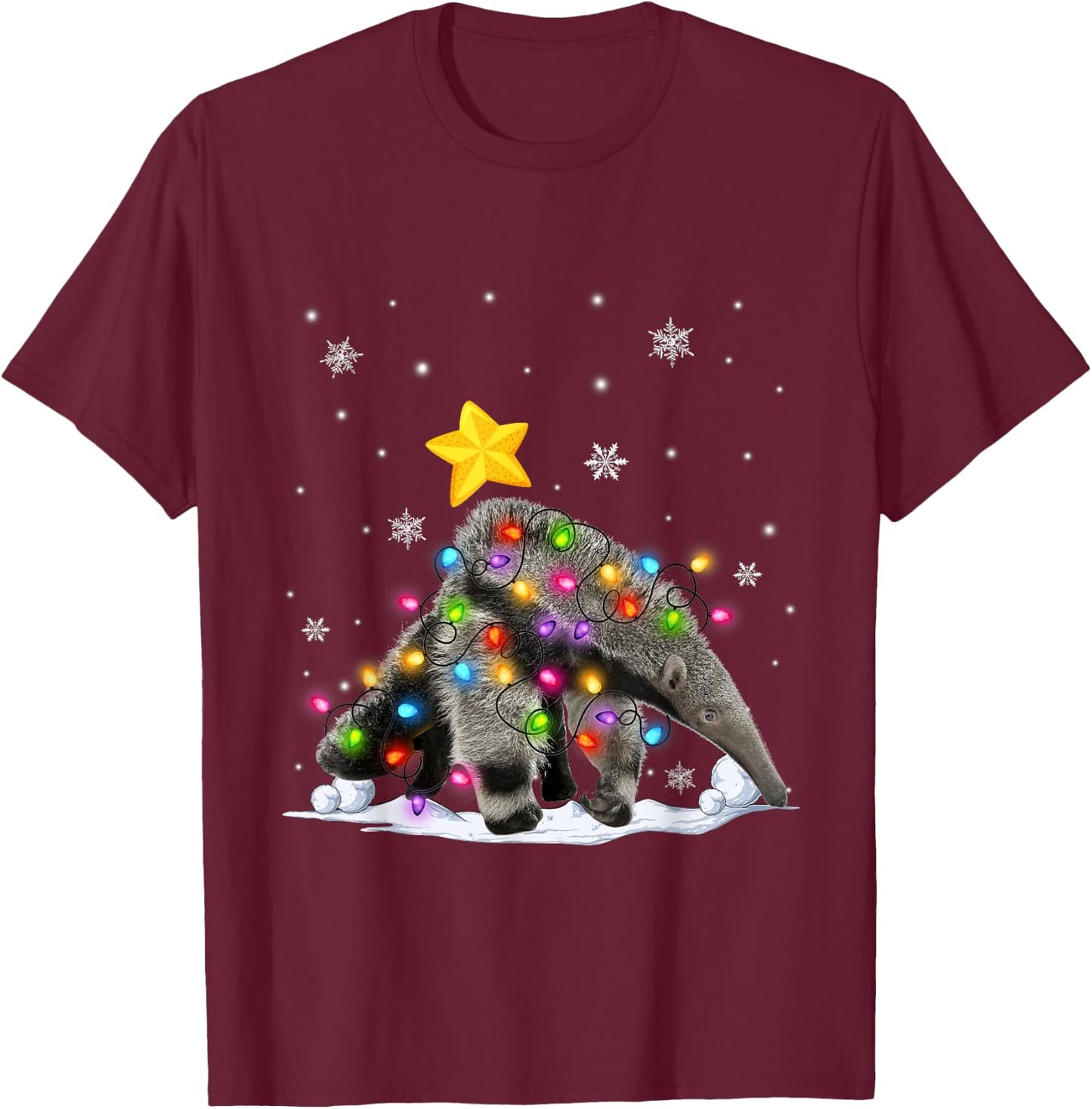 Funny Xmas Anteater Animals Lover Christmas Tree Lights T-Shirt - T-Shirt | Maroon