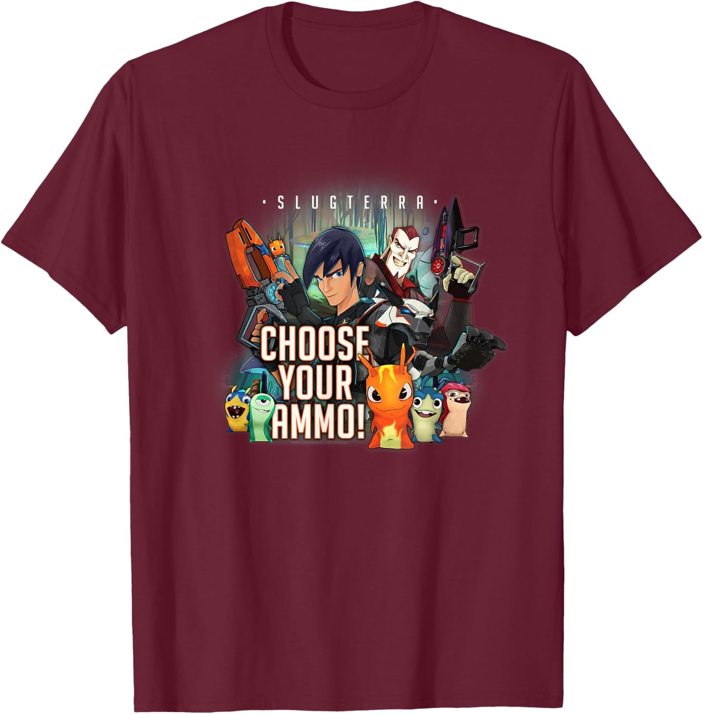Slugterra - Eli and Dr. Thaddius Blakk - Choose Your Ammo T-Shirt - T-Shirt | Maroon