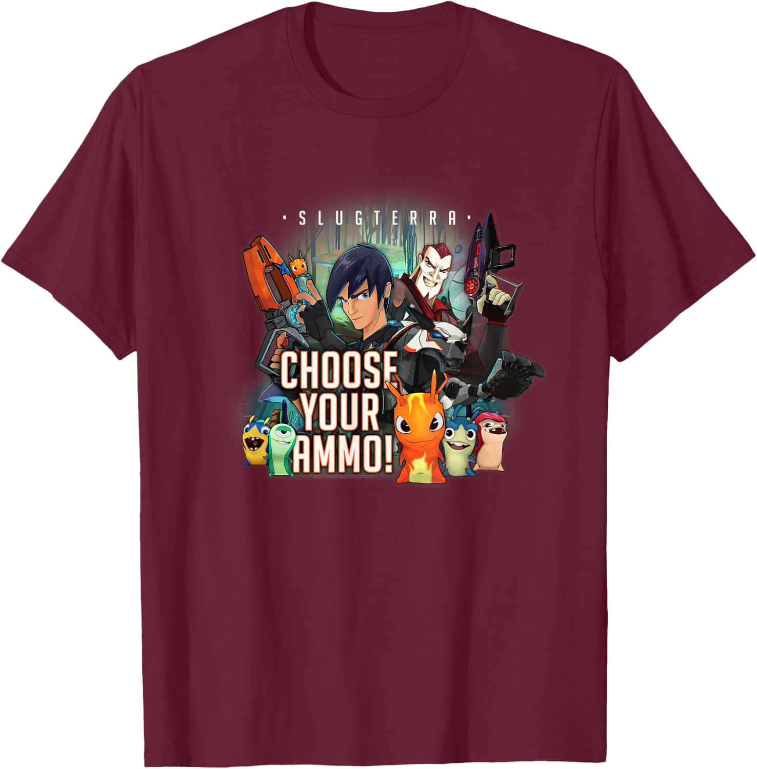 Slugterra - Eli and Dr. Thaddius Blakk - Choose Your Ammo T-Shirt - T-Shirt | Maroon