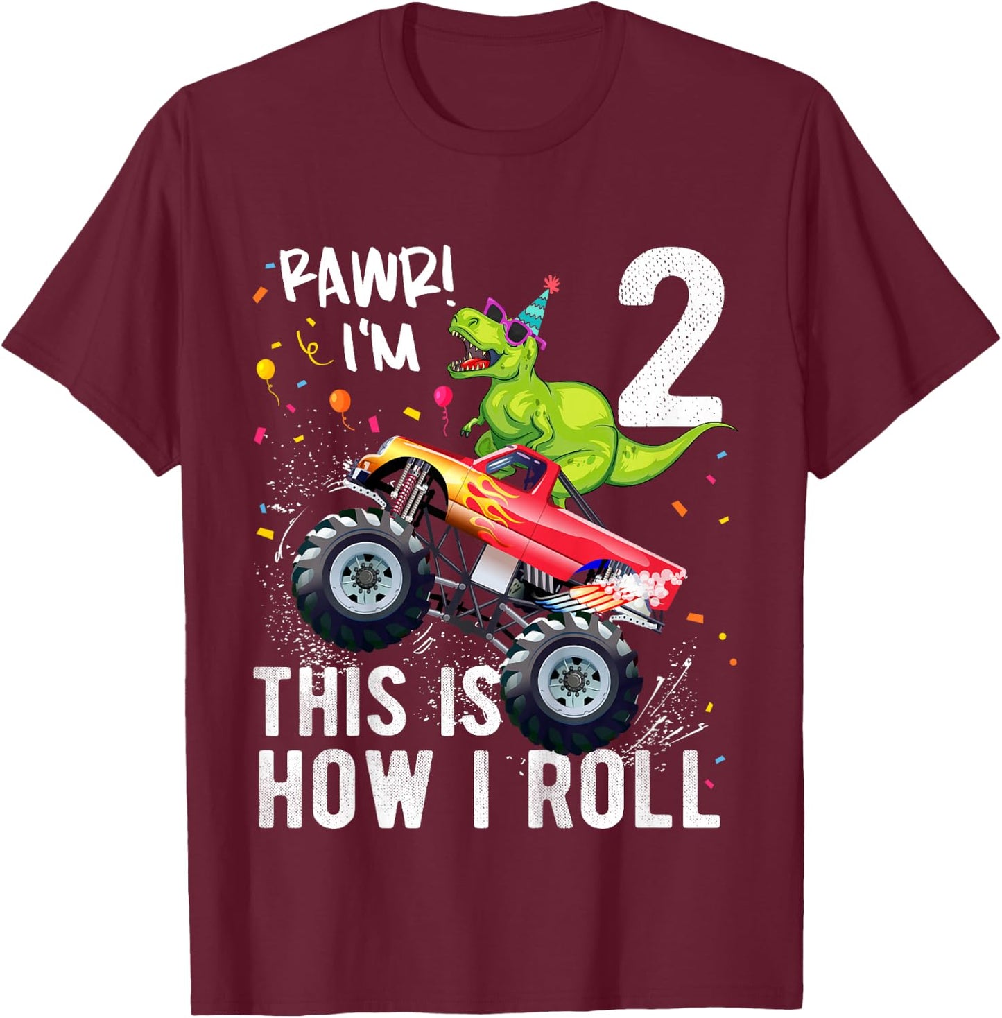 Kids T Rex Dinosaur Monster Truck 2nd Birthday Boys and Girls T-Shirt - T-Shirt | Maroon