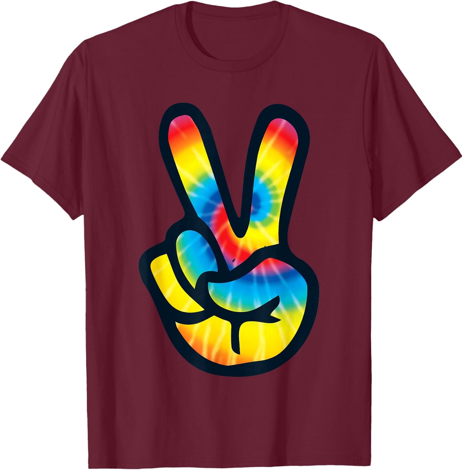 Tie Dye Peace Sign Hand | V Symbol 60s 70s 80s T-Shirt - T-Shirt | Maroon