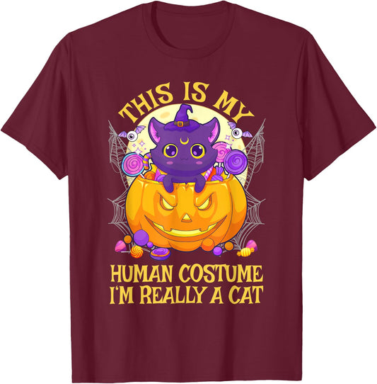 This Is My Human Costume I'm Really A Cat Cute Halloween T-Shirt - T-Shirt | Maroon