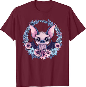 Adorable Bat Surrounded By Beautiful Flowers T-Shirt - T-Shirt | Maroon