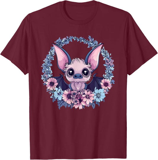 Adorable Bat Surrounded By Beautiful Flowers T-Shirt - T-Shirt | Maroon
