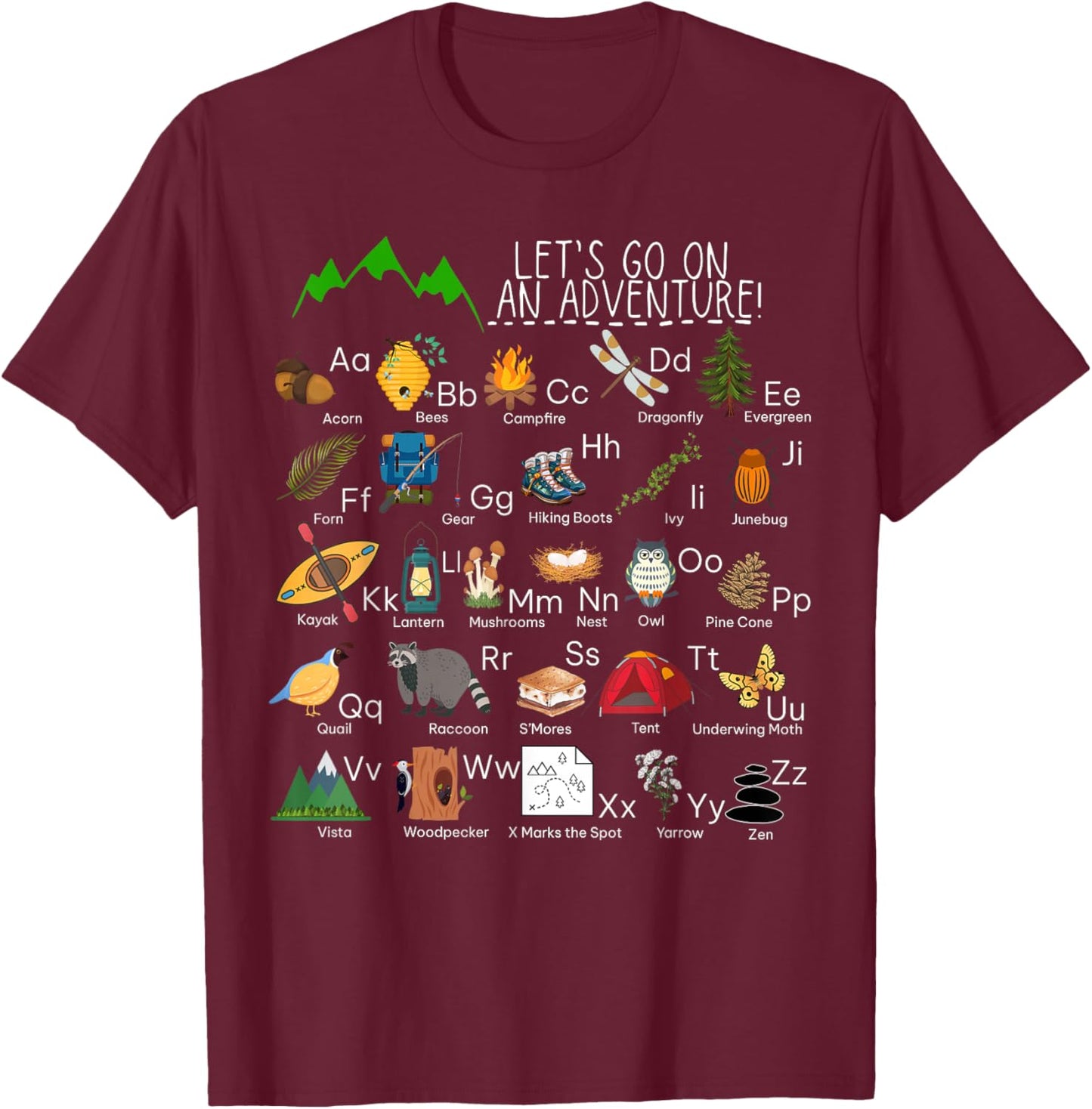 Retro Adventure Camping Alphabet ABCs Hiker Mountains Camp T-Shirt - T-Shirt | Maroon