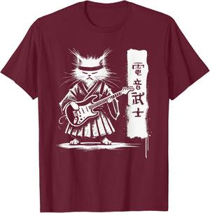 Samurai Japanese Kawaii Rock Music Men Kids Women Cat Guitar T-Shirt - T-Shirt | Maroon