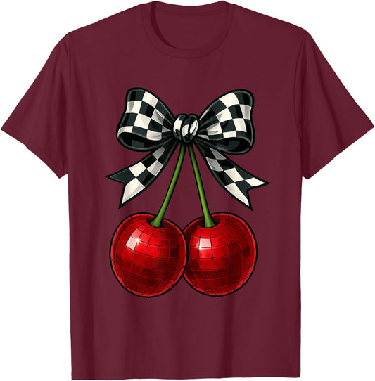 Coquette Cherry Checkered Ribbon Bow Women Girls T-Shirt - T-Shirt | Maroon