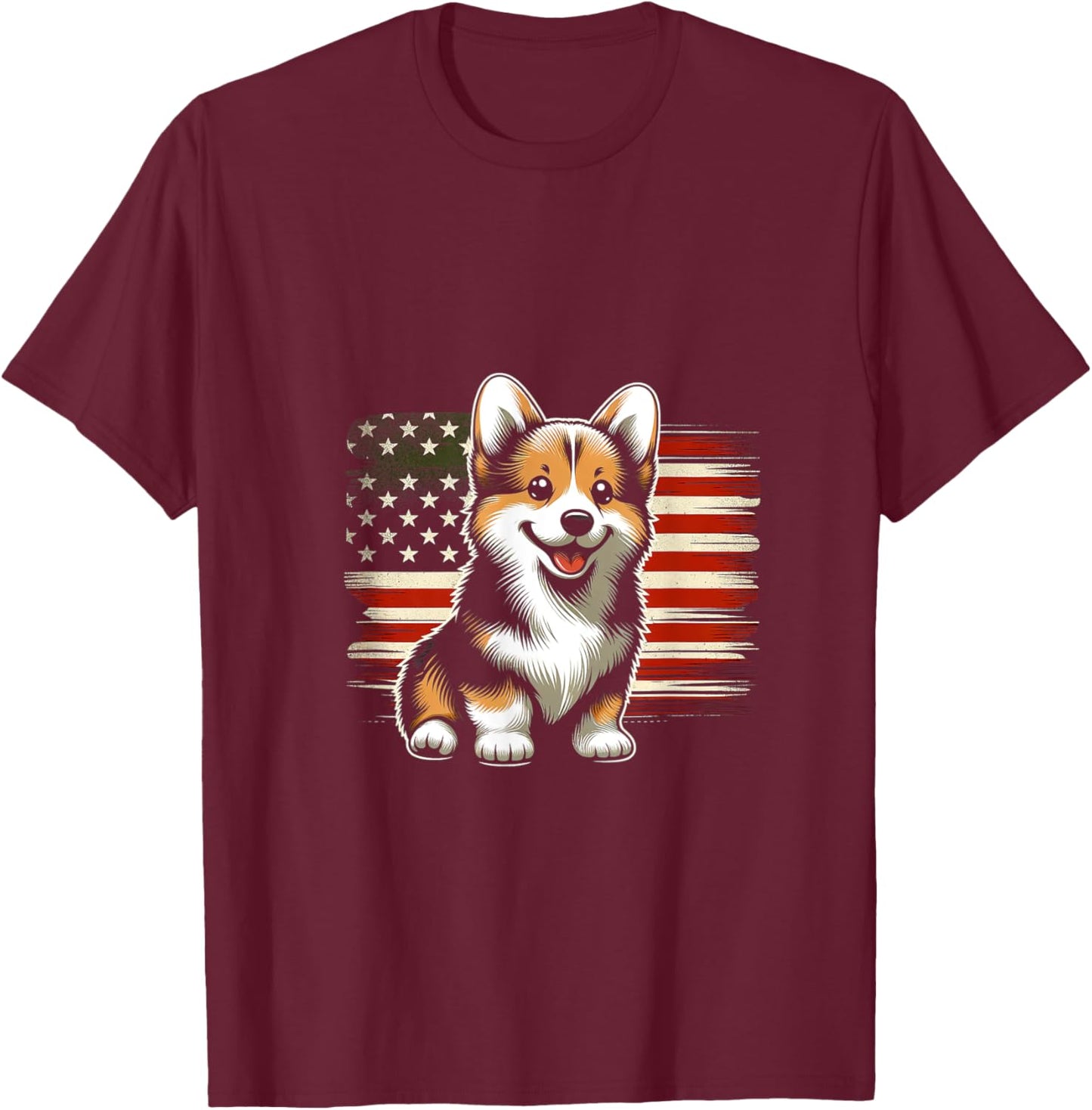 Pembroke Welsh Corgi American Flag USA Flag T-Shirt - T-Shirt | Maroon