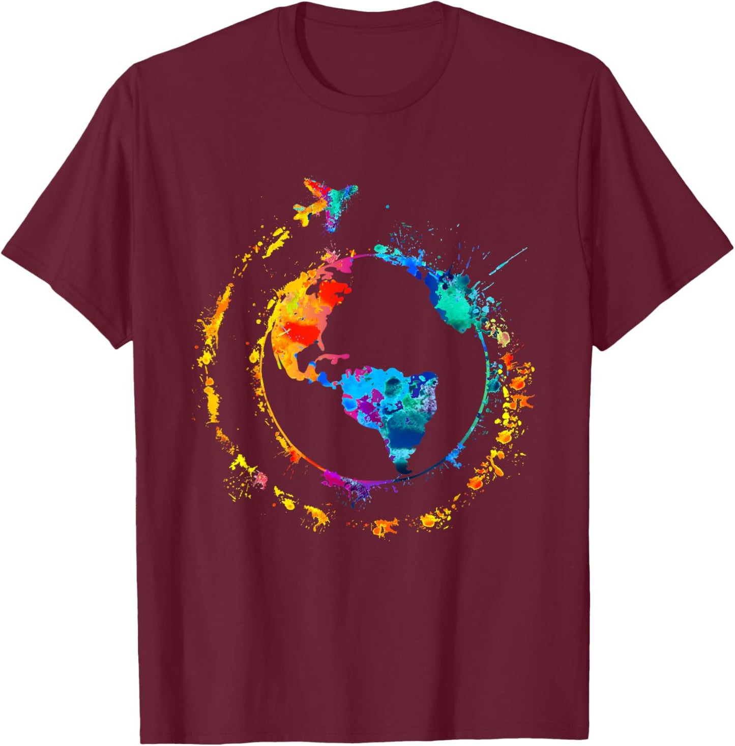 Artistic Earth Watercolor Travel World Traveling Colorful T-Shirt - T-Shirt | Maroon