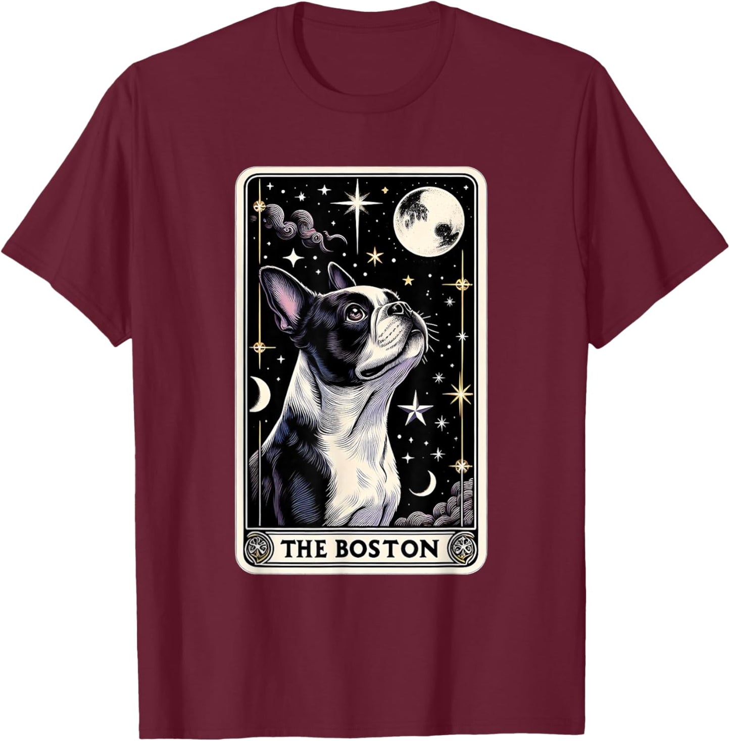 Boston Terrier Tarot Card Star with the Moon Men Women Kids T-Shirt - T-Shirt | Maroon