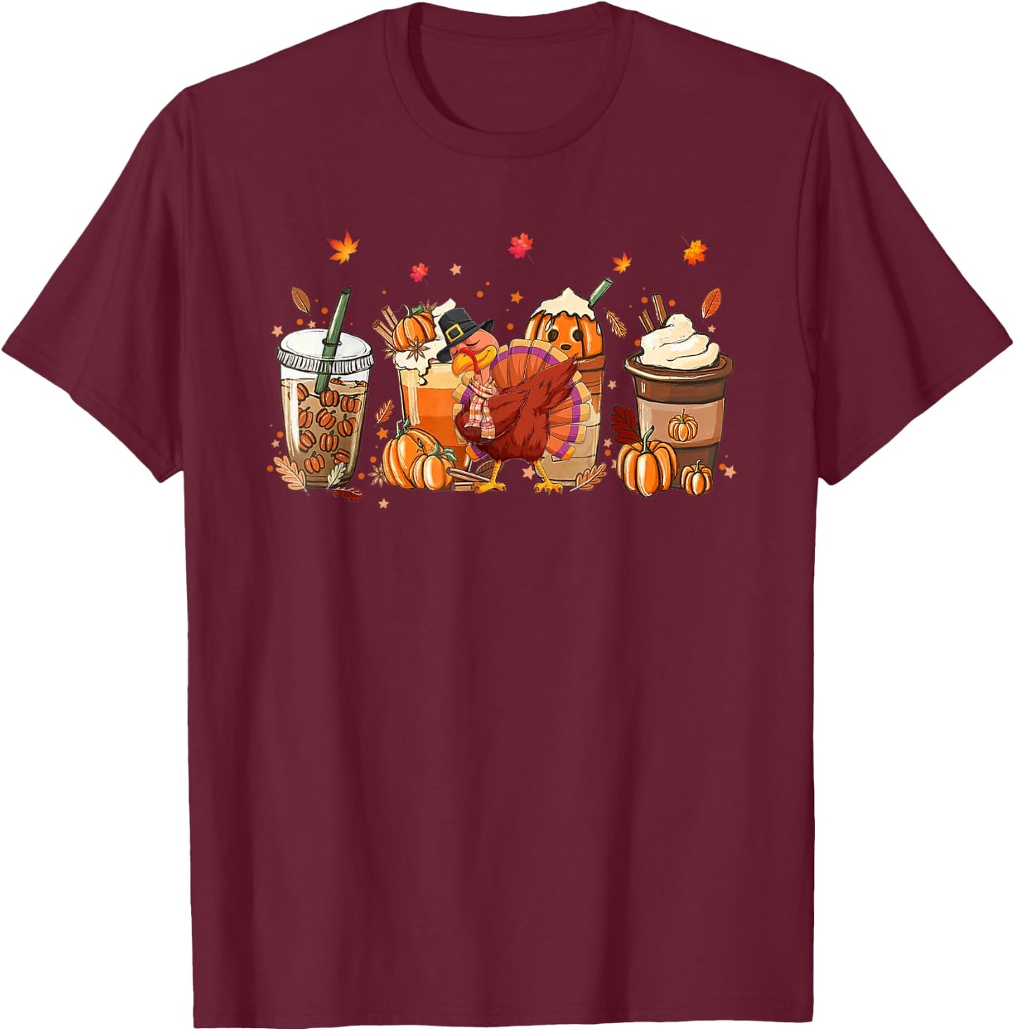 Fall Coffee Pumpkin Spice Latte Iced Autumn Turkey Bird T-Shirt - T-Shirt | Maroon