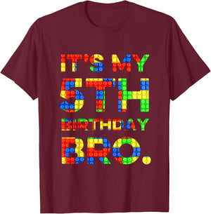 Kids Cute 5th Birthday Gift 5 Years Old Block Building Boys Kids T-Shirt - T-Shirt | Maroon