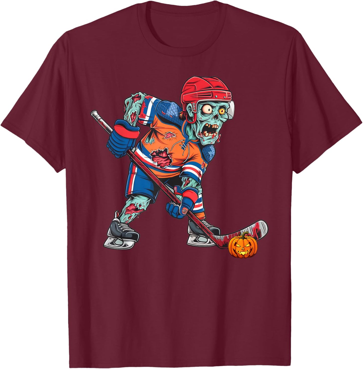 Zombie Ice Hockey Player Fun Halloween Costume Scary Creepy T-Shirt - T-Shirt | Maroon