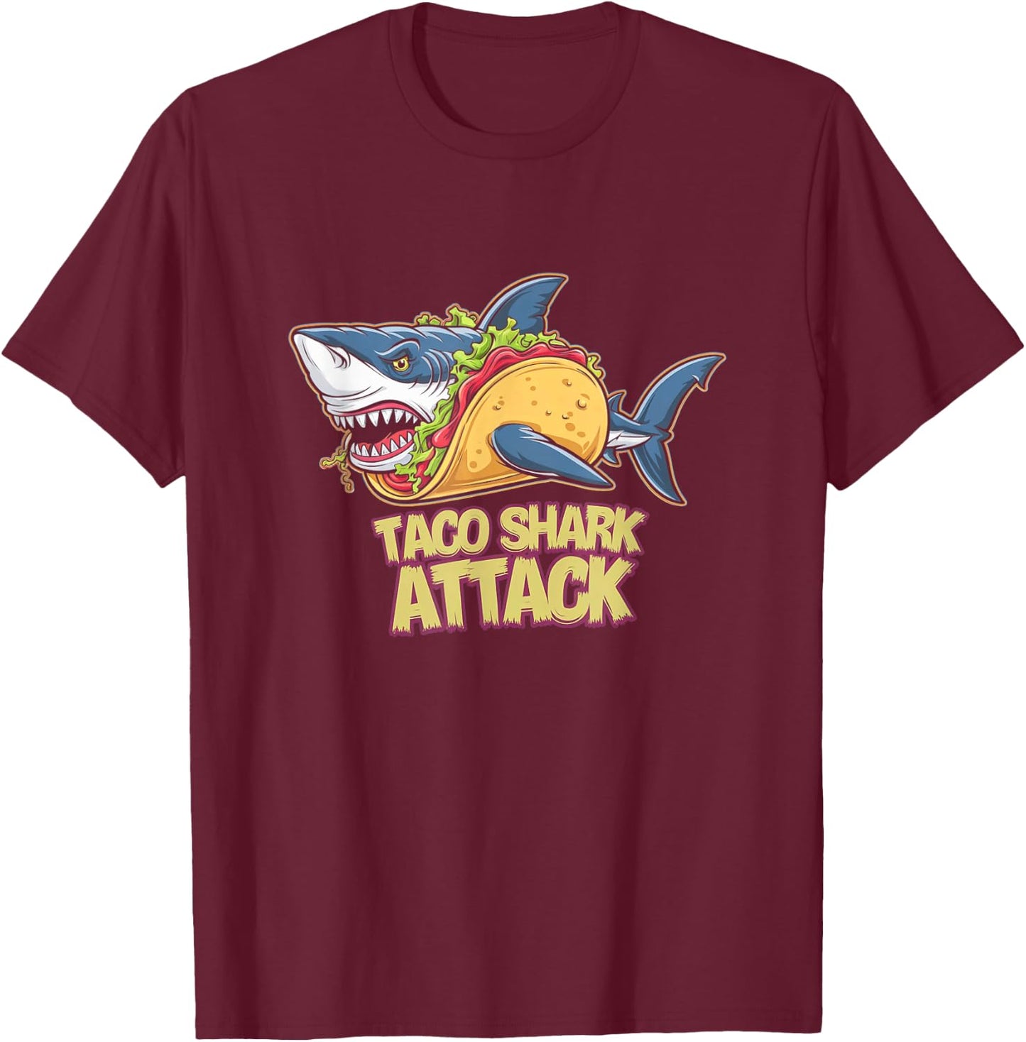 Taco Shark Attack Hilarious Food Pun T-Shirt - T-Shirt | Maroon
