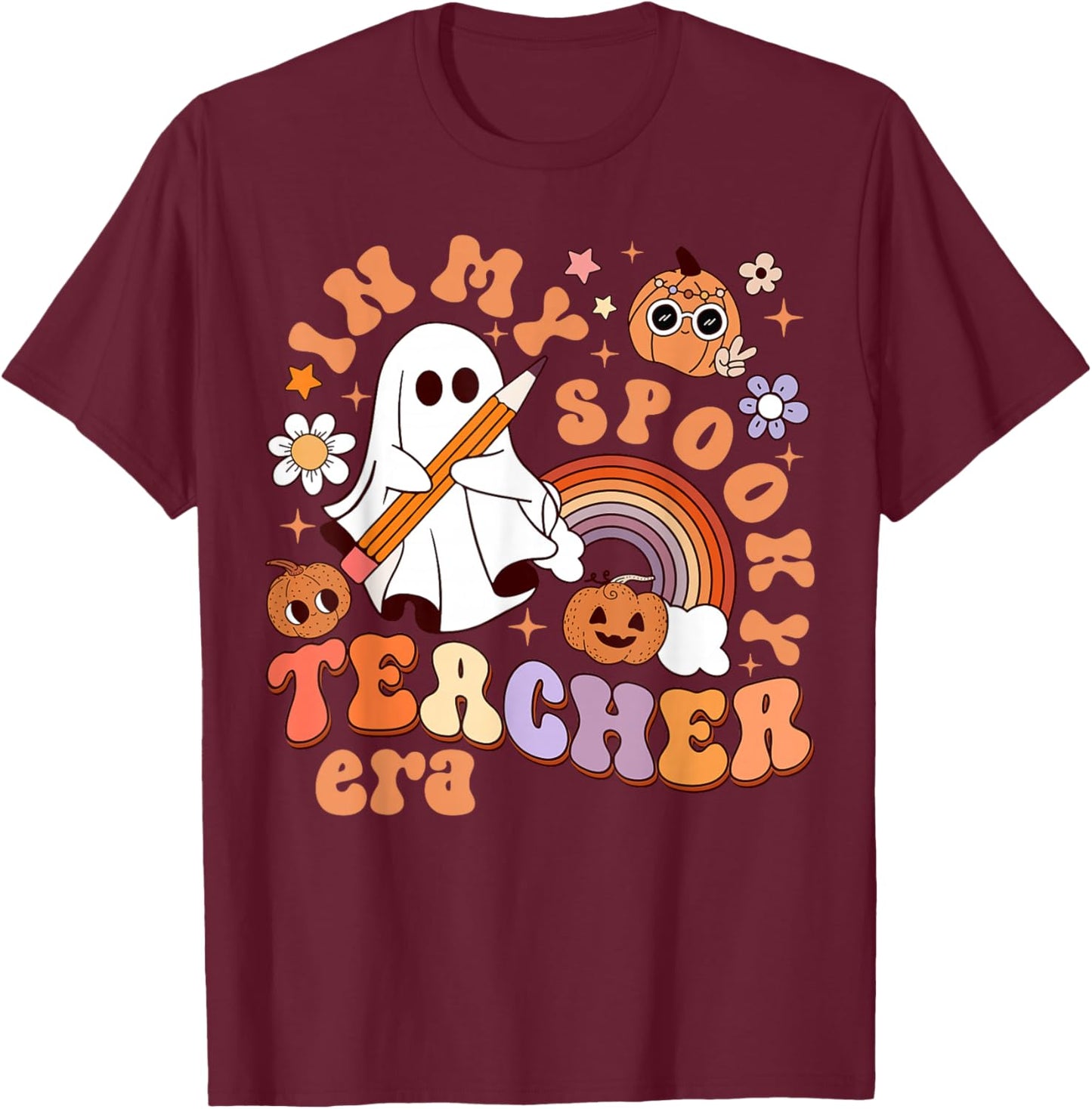 Groovy In My Spooky Math Teacher Era Ghost Funny Halloween T-Shirt - T-Shirt | Maroon