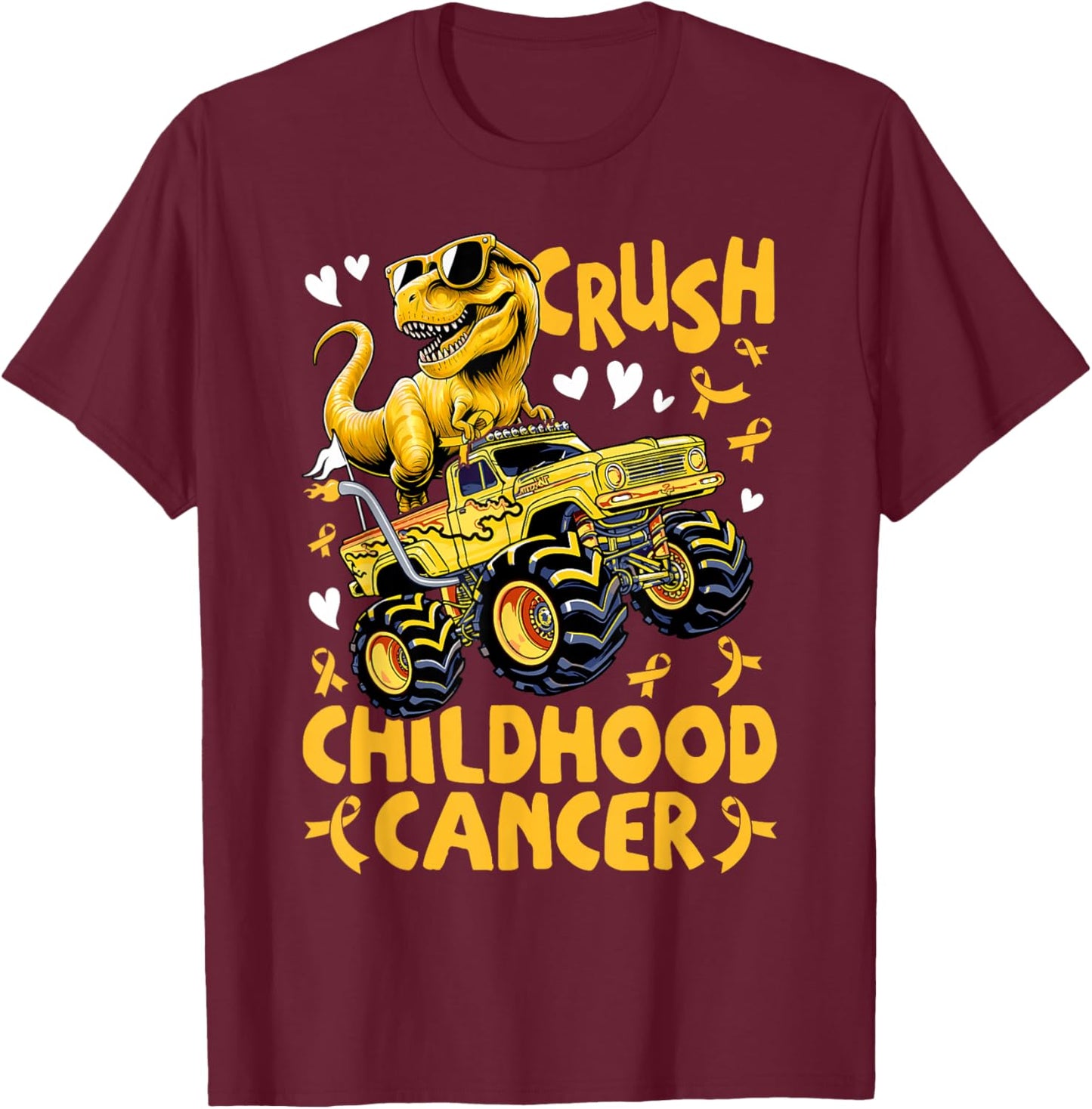 Crush Childhood Cancer Awareness Monster Truck Dinosaur T-Shirt - T-Shirt | Maroon