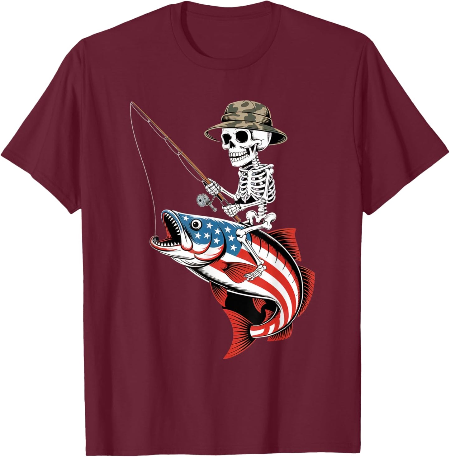Patriotic Skeleton Fishing American Flag for Anglers T-Shirt - T-Shirt | Maroon