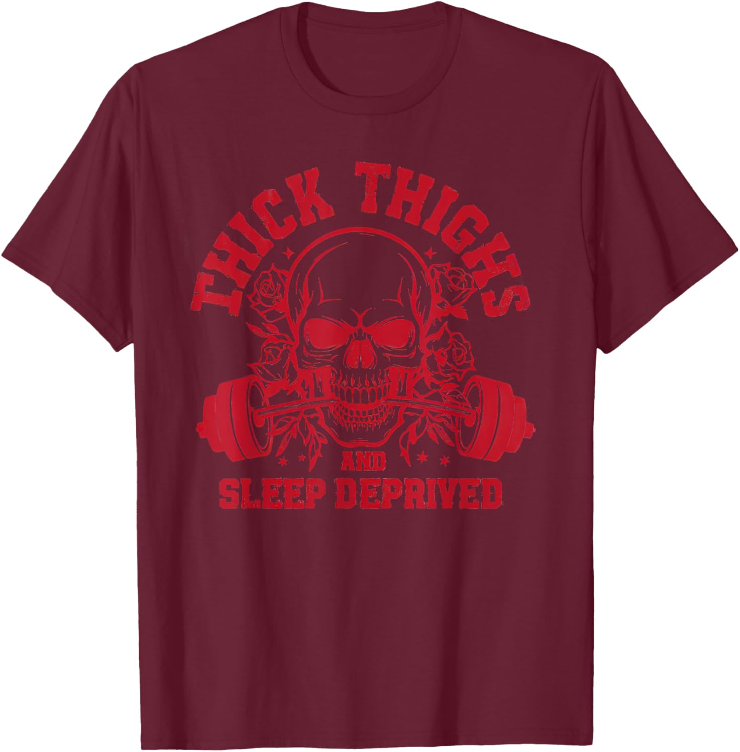 Thick Thighs and Sleep Deprived Vintage Skull Muscle Mommy T-Shirt - T-Shirt | Maroon