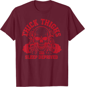 Thick Thighs and Sleep Deprived Vintage Skull Muscle Mommy T-Shirt - T-Shirt | Maroon