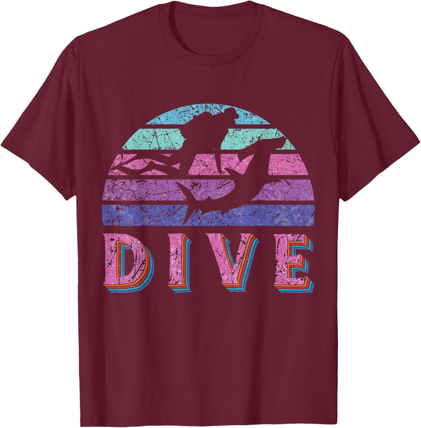 Dive Hammerhead Shark Retro Vintage Pink Purple Scuba Diving T-Shirt - T-Shirt | Maroon
