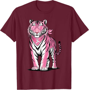 Pink Tiger with Sunglasses Bandana Breast Cancer Awareness T-Shirt - T-Shirt | Maroon