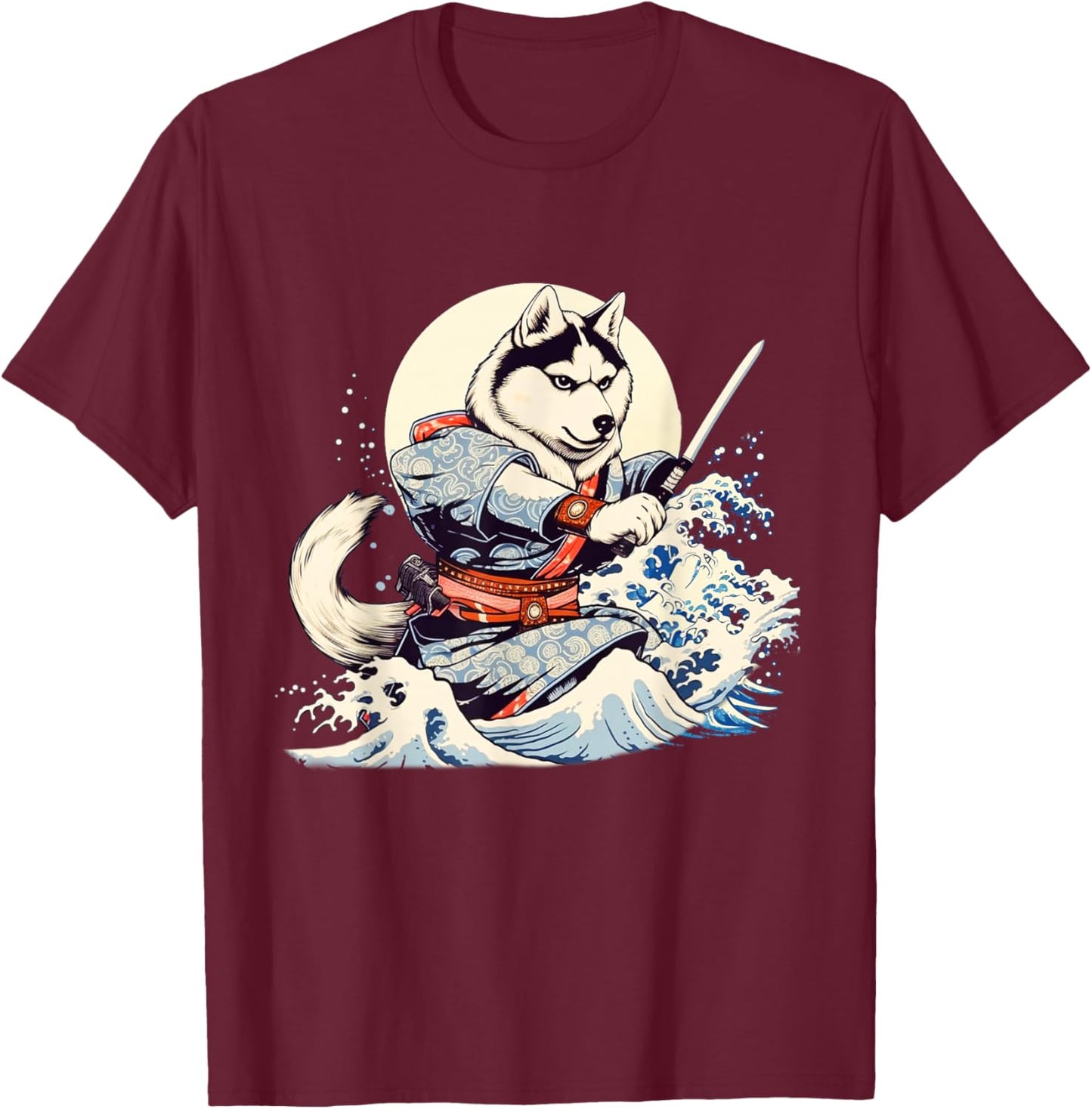 Siberian Husky Dog Japanese Grand Wave Ukiyoe Art Ninja T-Shirt - T-Shirt | Maroon