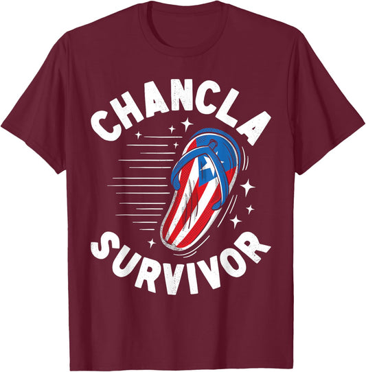 Chancla Survivor Puerto Rican Puerto Rico Funny Spanish Joke T-Shirt - T-Shirt | Maroon