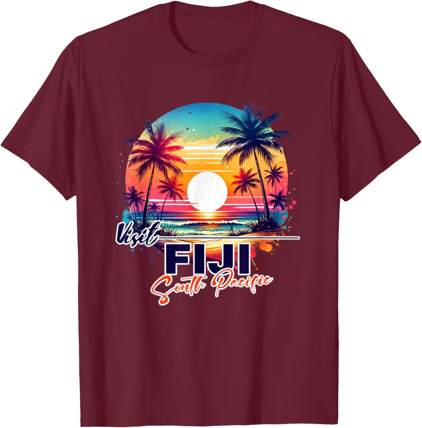 Fiji Sunset Beach Palm Tree Trip Souvenir T-Shirt - T-Shirt | Maroon